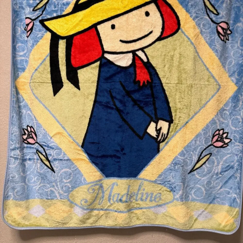 Vtg 90s Madeline plush throw blanket - Hard to find blue minky cartoon 58 x 50